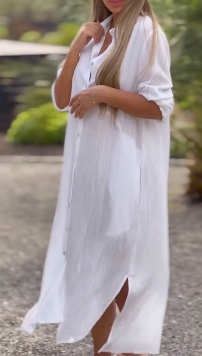 🌸Spring Specials🌸 Women's Casual Solid Color Button Front Linen Shirt Dress