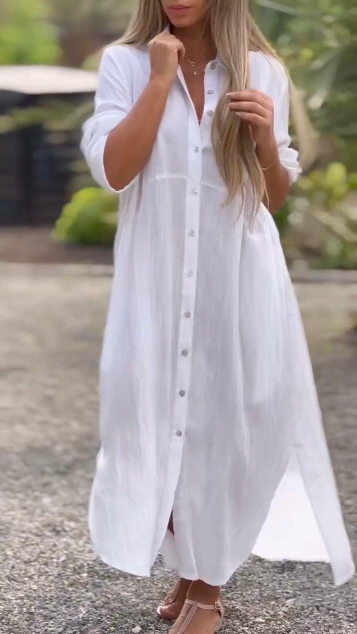 🌸Spring Specials🌸 Women's Casual Solid Color Button Front Linen Shirt Dress