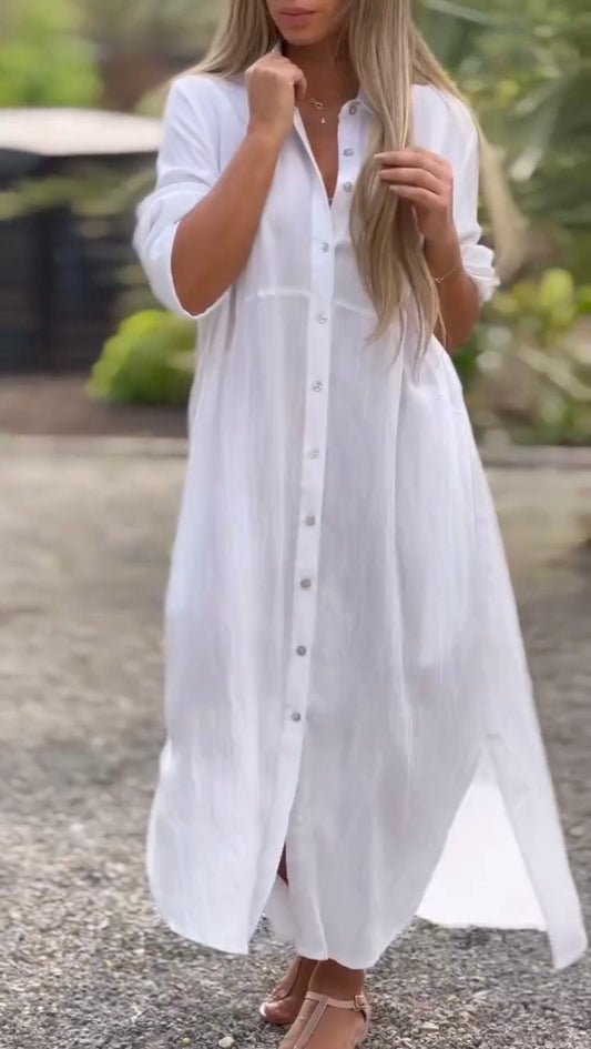 🌸Spring Specials🌸 Women's Casual Solid Color Button Front Linen Shirt Dress