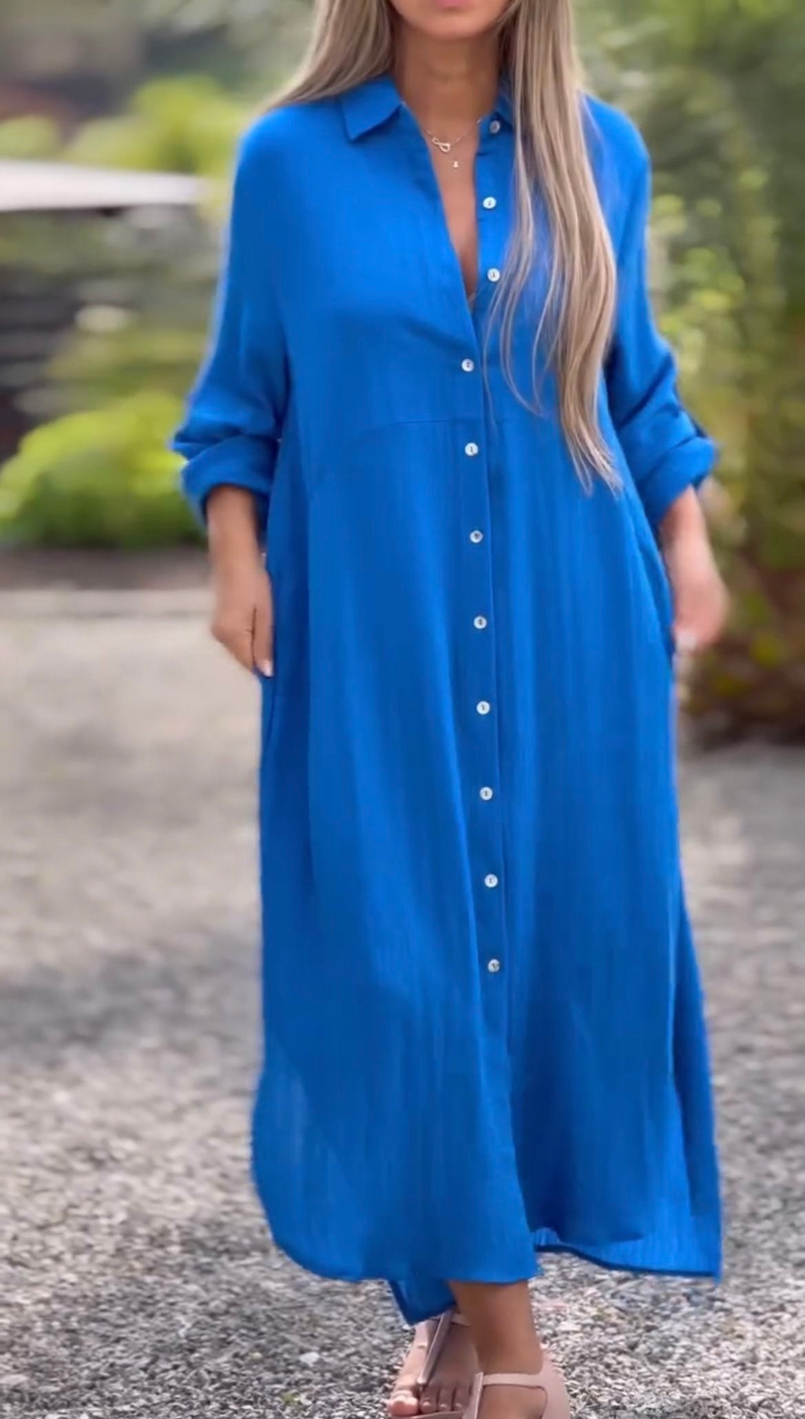 🌸Spring Specials🌸 Women's Casual Solid Color Button Front Linen Shirt Dress