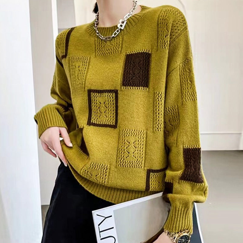🌸Spring Specials🌸 Women's Color Block Plaid Print Knitted Pullover Sweaters