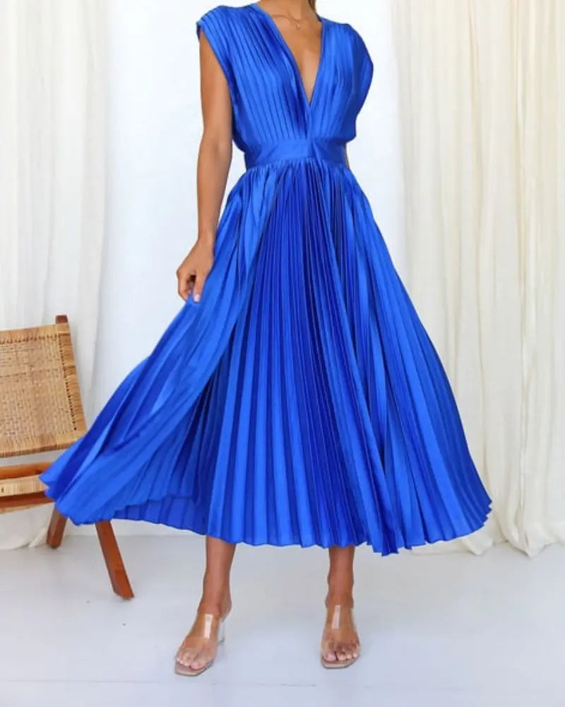 💃Timeless Elegance: Draped V-Neck Pleated Skirt Dress spiyle