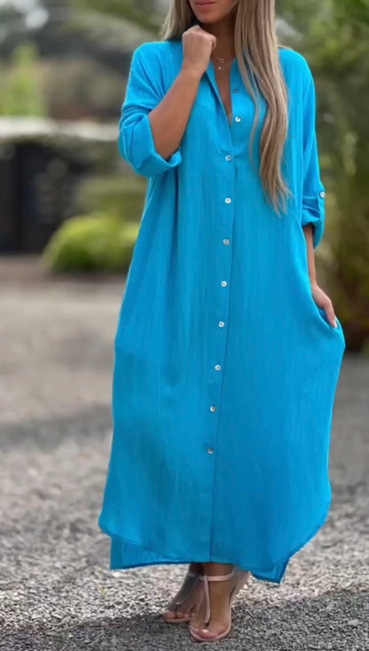 🌸Spring Specials🌸 Women's Casual Solid Color Button Front Linen Shirt Dress
