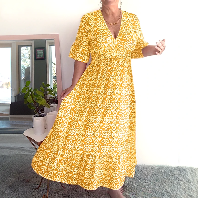 🔥2025 HOT SALE🔥 Bohemian casual print V-neck waist wrap long dress