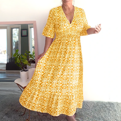 🔥2025 HOT SALE🔥 Bohemian casual print V-neck waist wrap long dress