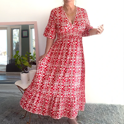 🔥2025 HOT SALE🔥 Bohemian casual print V-neck waist wrap long dress