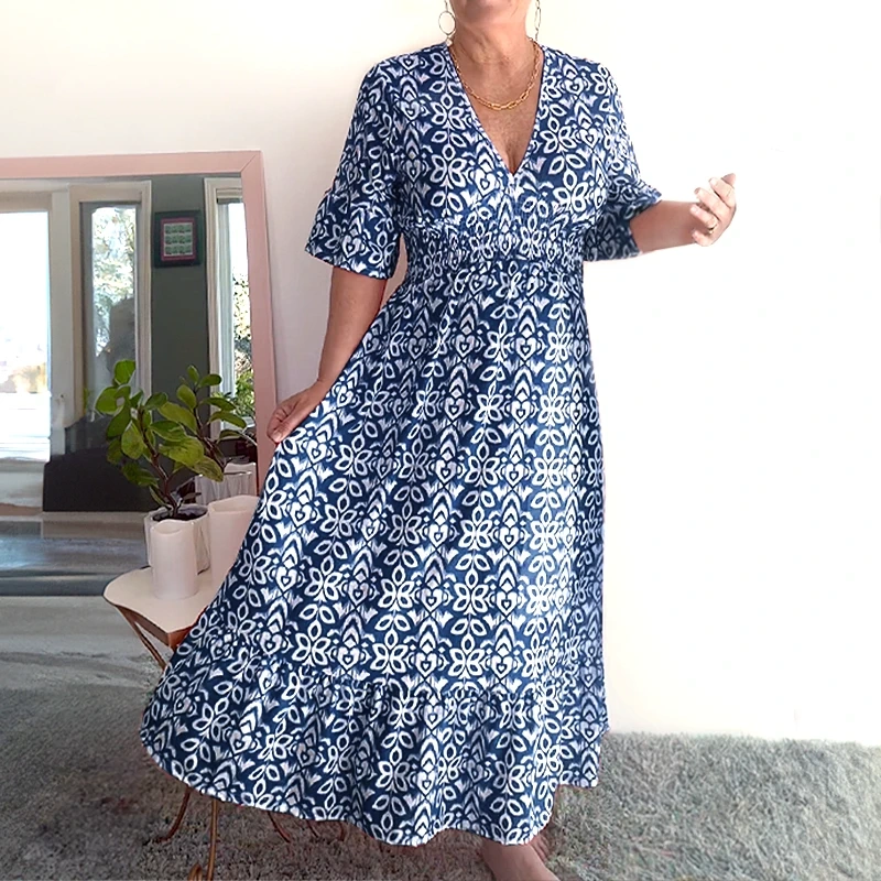 🔥2025 HOT SALE🔥 Bohemian casual print V-neck waist wrap long dress