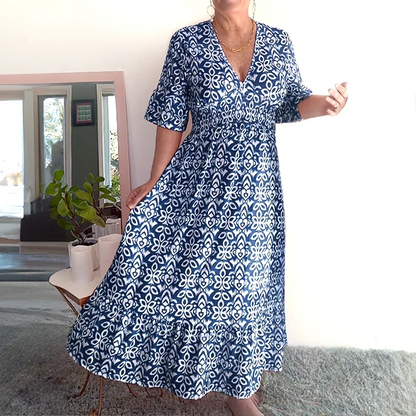 🔥2025 HOT SALE🔥 Bohemian casual print V-neck waist wrap long dress