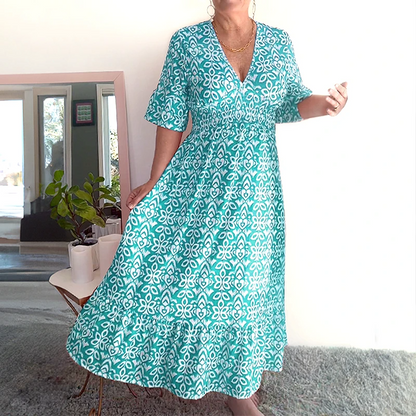 🔥2025 HOT SALE🔥 Bohemian casual print V-neck waist wrap long dress