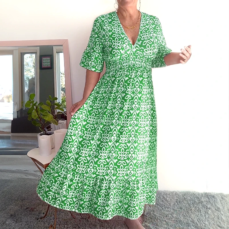 🔥2025 HOT SALE🔥 Bohemian casual print V-neck waist wrap long dress
