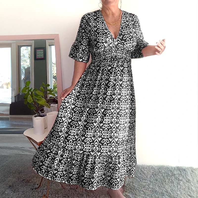 🔥2025 HOT SALE🔥 Bohemian casual print V-neck waist wrap long dress