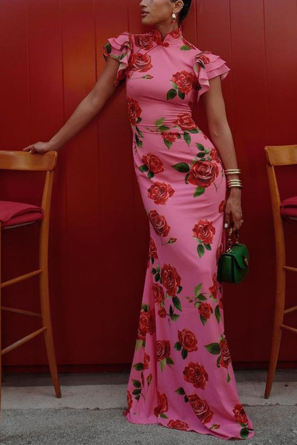 🌸Spring Specials💐 Cheongsam Style Rose Floral Print Tiered Flare Sleeve Stretch Maxi Dress