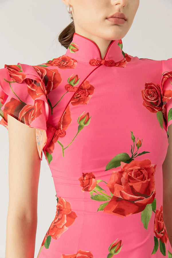 🌸Spring Specials💐 Cheongsam Style Rose Floral Print Tiered Flare Sleeve Stretch Maxi Dress