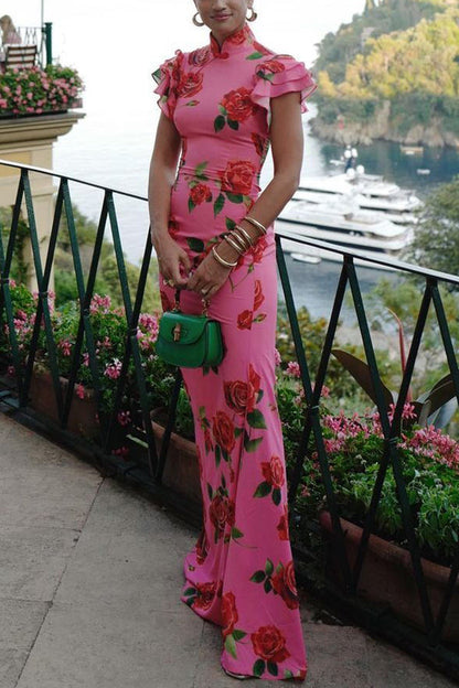 🌸Spring Specials💐 Cheongsam Style Rose Floral Print Tiered Flare Sleeve Stretch Maxi Dress