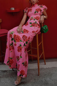 🌸Spring Specials💐 Cheongsam Style Rose Floral Print Tiered Flare Sleeve Stretch Maxi Dress