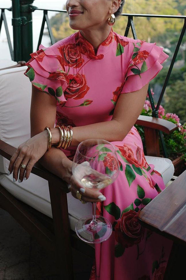 🌸Spring Specials💐 Cheongsam Style Rose Floral Print Tiered Flare Sleeve Stretch Maxi Dress