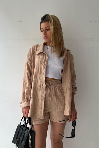 Long Sleeve Solid Color Shirt Shorts Set