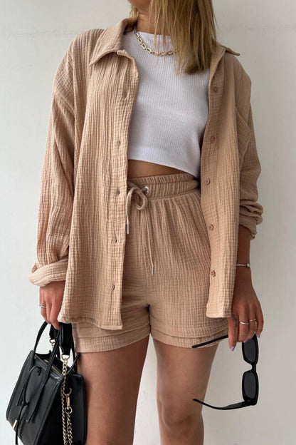 Long Sleeve Solid Color Shirt Shorts Set