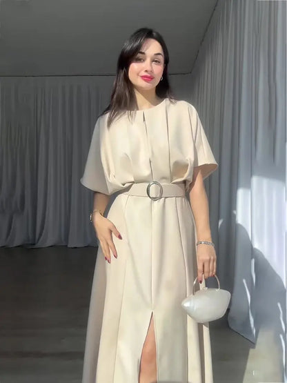 👗Elegant round neck dress with high waist and slit (with belt) spiyle