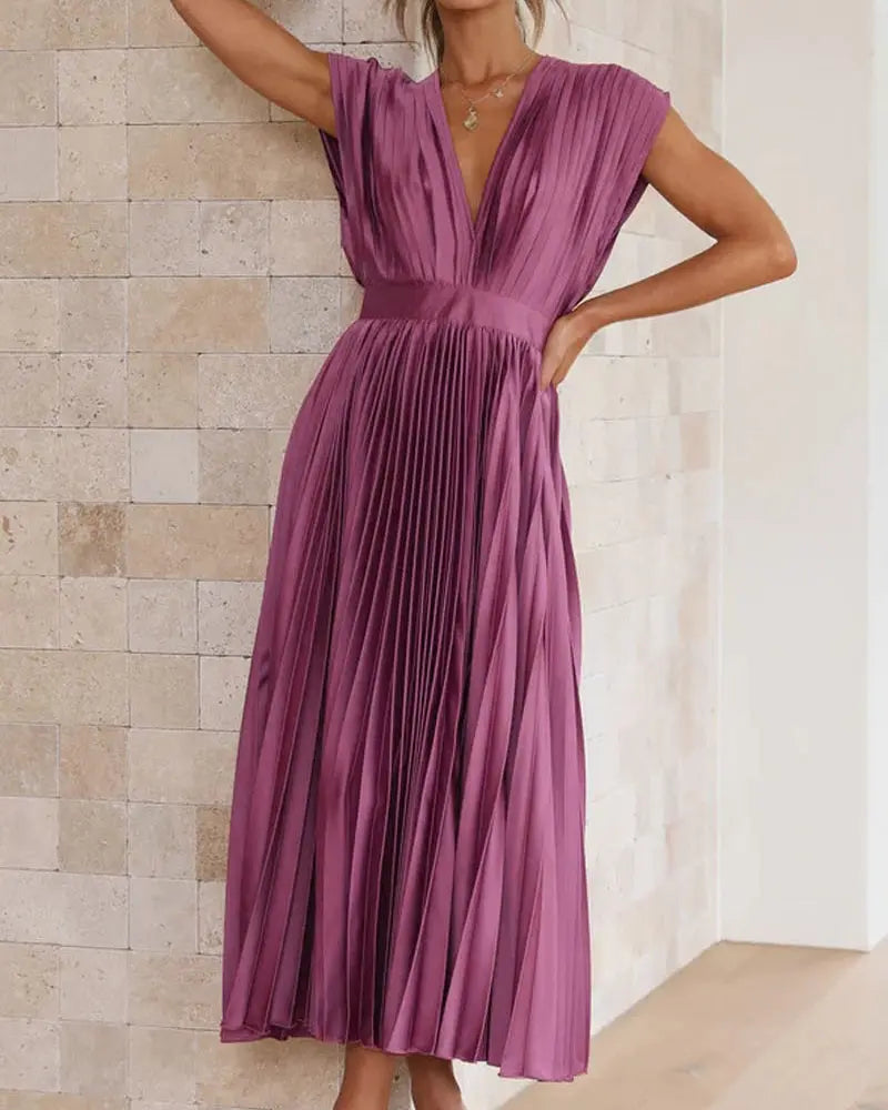 💃Timeless Elegance: Draped V-Neck Pleated Skirt Dress spiyle