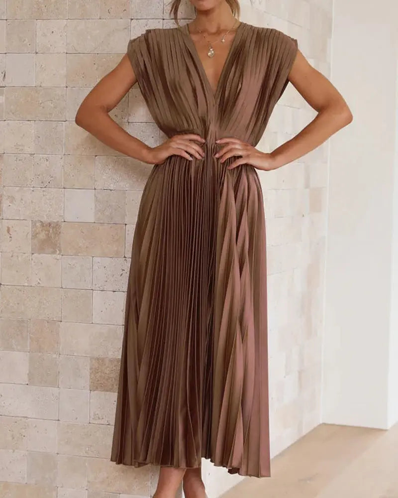 💃Timeless Elegance: Draped V-Neck Pleated Skirt Dress spiyle