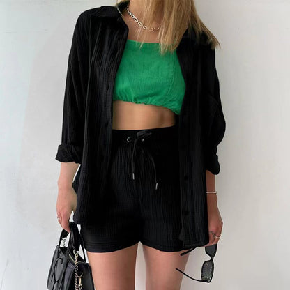 Long Sleeve Solid Color Shirt Shorts Set
