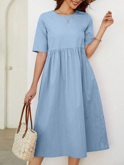 VCAY Women's Solid Color Short Sleeve Casual T-Shirt Dress With Round Neck