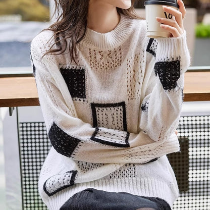 🌸Spring Specials🌸 Women's Color Block Plaid Print Knitted Pullover Sweaters