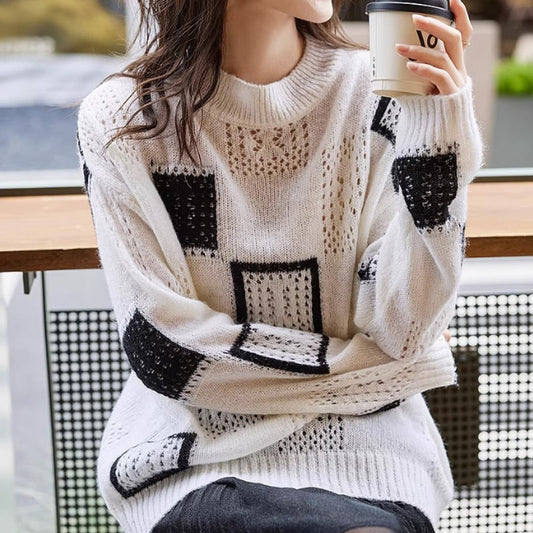 🌸Spring Specials🌸 Women's Color Block Plaid Print Knitted Pullover Sweaters