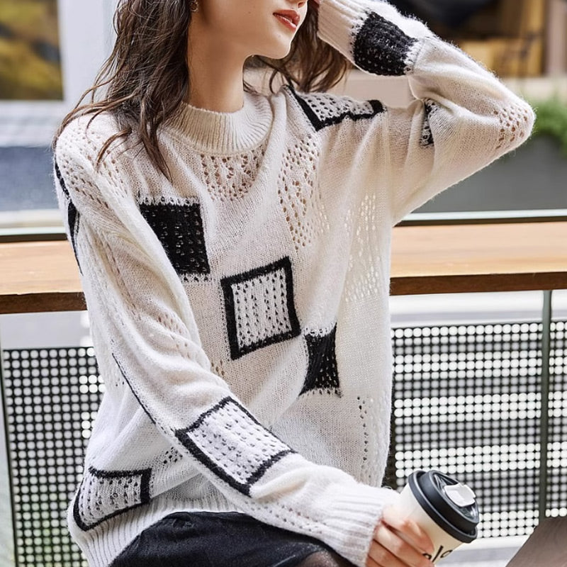 🌸Spring Specials🌸 Women's Color Block Plaid Print Knitted Pullover Sweaters