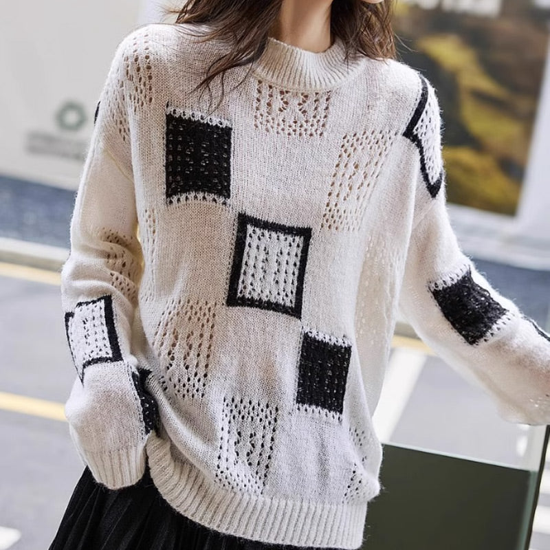 🌸Spring Specials🌸 Women's Color Block Plaid Print Knitted Pullover Sweaters