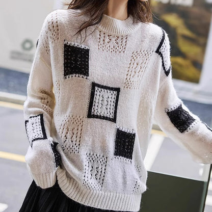 🌸Spring Specials🌸 Women's Color Block Plaid Print Knitted Pullover Sweaters