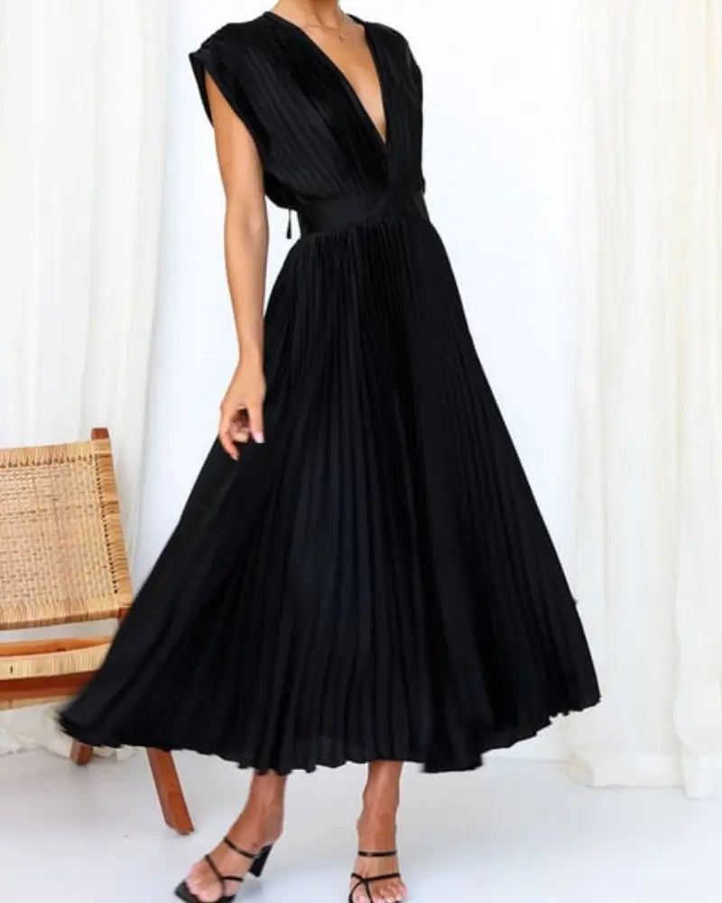 💃Timeless Elegance: Draped V-Neck Pleated Skirt Dress spiyle