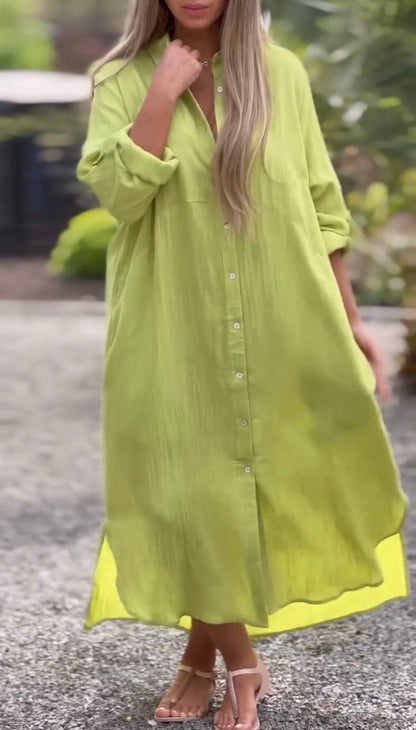 🌸Spring Specials🌸 Women's Casual Solid Color Button Front Linen Shirt Dress