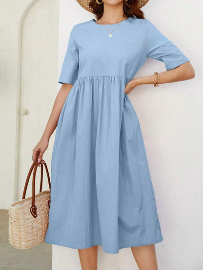 VCAY Women's Solid Color Short Sleeve Casual T-Shirt Dress With Round Neck