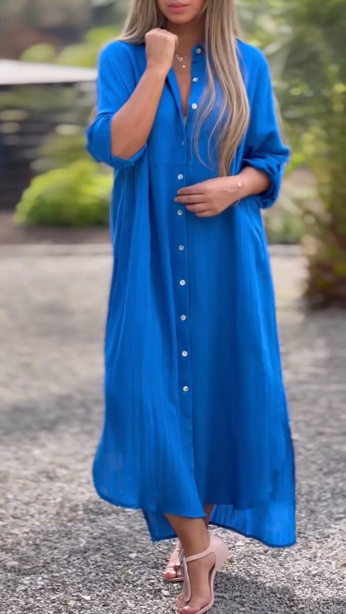 🌸Spring Specials🌸 Women's Casual Solid Color Button Front Linen Shirt Dress