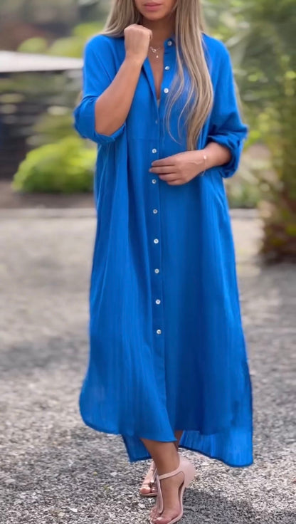 🌸Spring Specials🌸 Women's Casual Solid Color Button Front Linen Shirt Dress