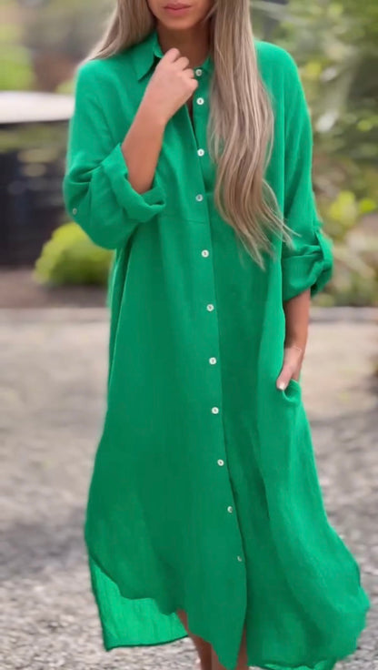 🌸Spring Specials🌸 Women's Casual Solid Color Button Front Linen Shirt Dress