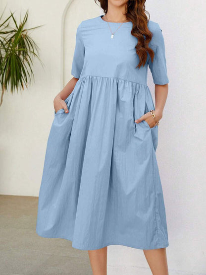 VCAY Women's Solid Color Short Sleeve Casual T-Shirt Dress With Round Neck