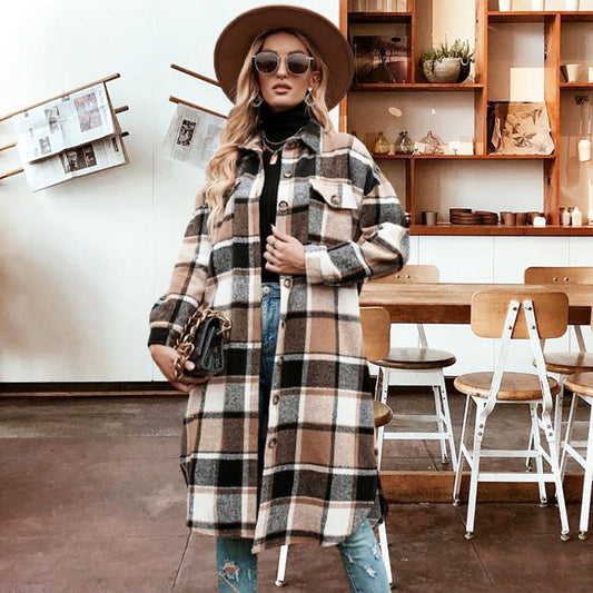 🍂Fall Specials🍂Women's Plaid Print Long Sleeve Warm Tweed Coat