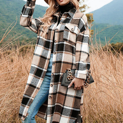 🍂Fall Specials🍂Women's Plaid Print Long Sleeve Warm Tweed Coat