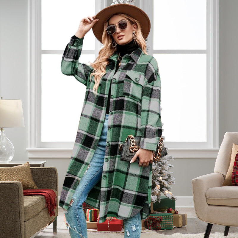🍂Fall Specials🍂Women's Plaid Print Long Sleeve Warm Tweed Coat