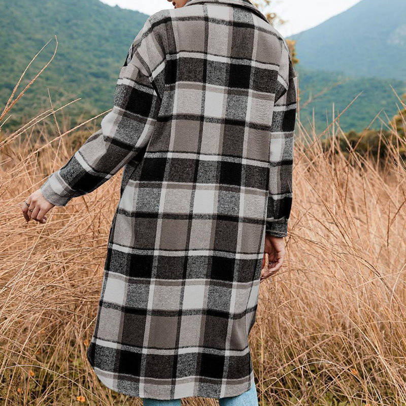 🍂Fall Specials🍂Women's Plaid Print Long Sleeve Warm Tweed Coat