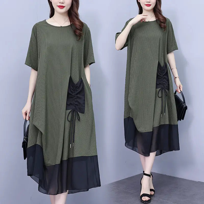 Women's Round Neck Patchwork Loose Dress spiyle