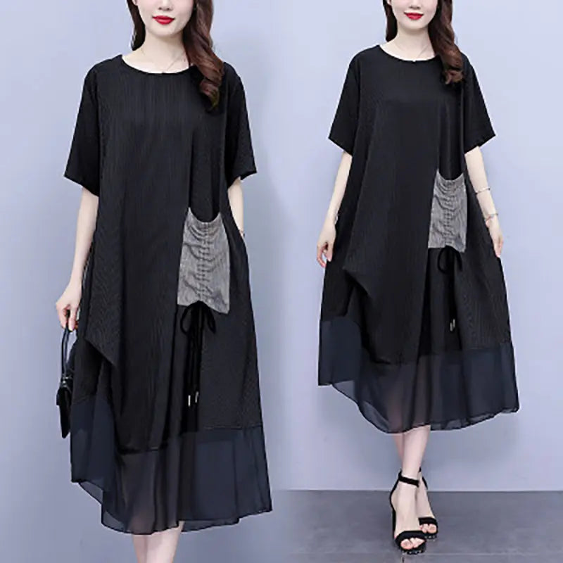 Women's Round Neck Patchwork Loose Dress spiyle