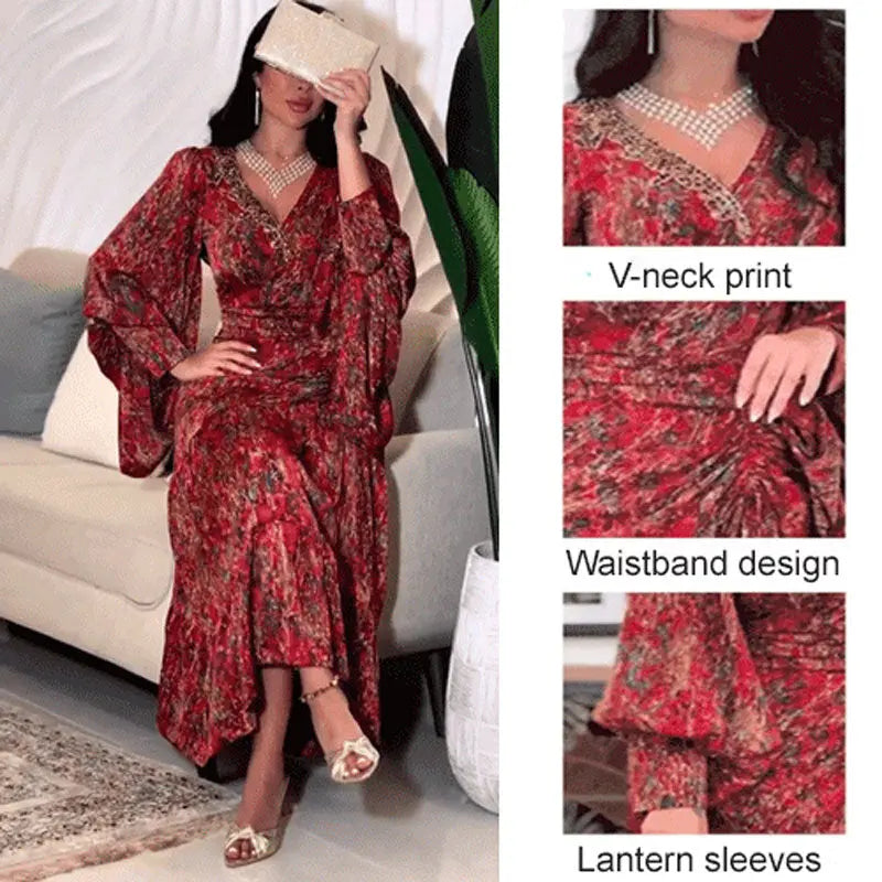 🔥🌹V-Neck Bishop Sleeve Printed Dress💃 spiyle