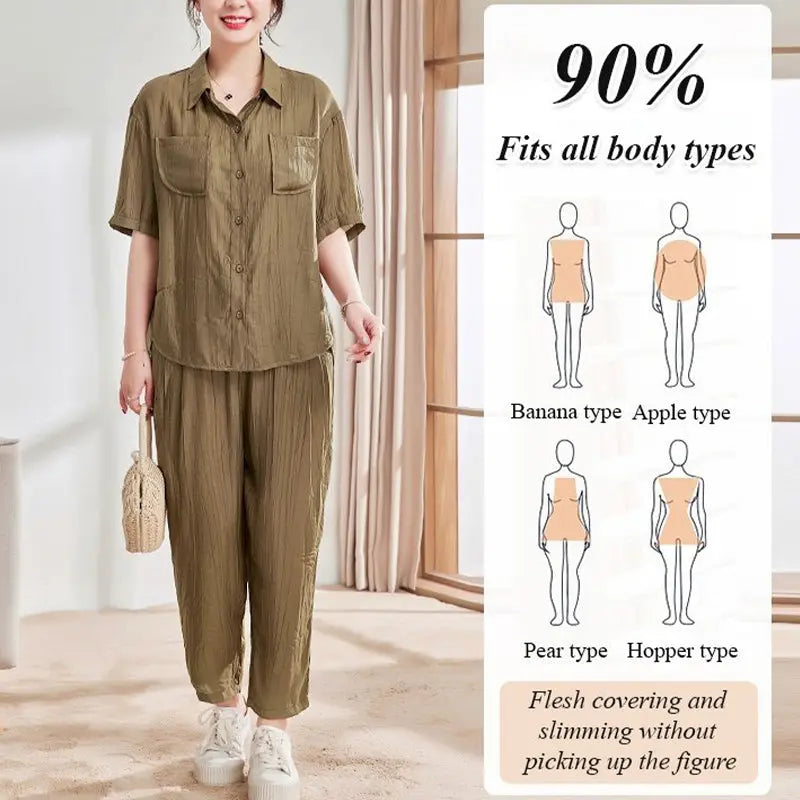 🔥Time-limited promotion🔥Casual Solid Color Short Sleeve Shirt & Ankle Pants 2 Piece Set spiyle