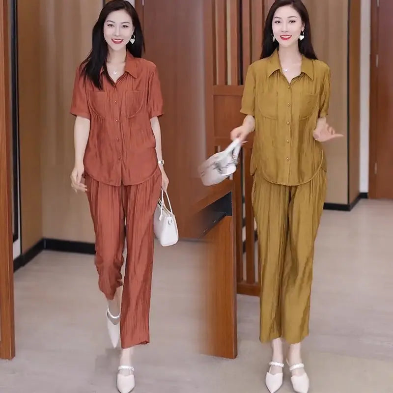 🔥Time-limited promotion🔥Casual Solid Color Short Sleeve Shirt & Ankle Pants 2 Piece Set spiyle