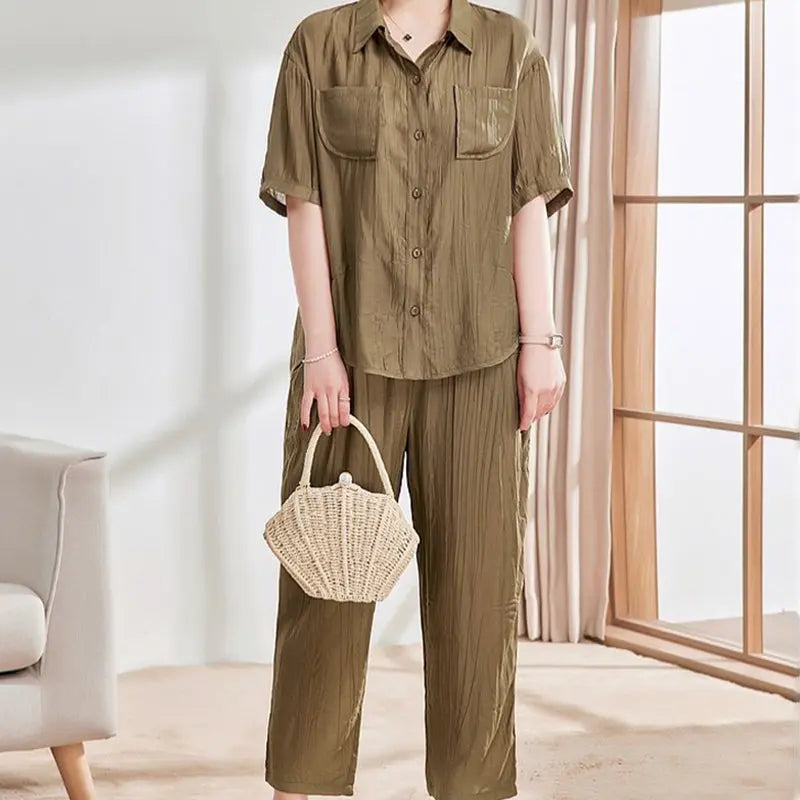 🔥Time-limited promotion🔥Casual Solid Color Short Sleeve Shirt & Ankle Pants 2 Piece Set spiyle