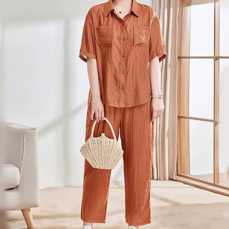 🔥Time-limited promotion🔥Casual Solid Color Short Sleeve Shirt & Ankle Pants 2 Piece Set spiyle